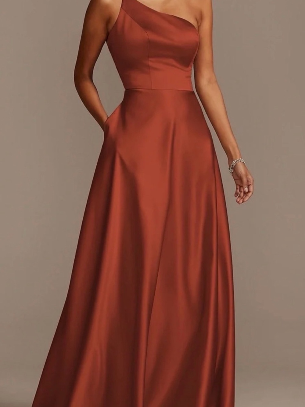 David's Bridal One-Shoulder Rust Satin Gown